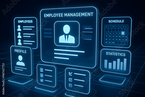 Obraz na płótnie Futuristic employee management dashboard featuring digital profiles, schedules, and statistics. Ideal for illustrating modern business management solutions and workforce analytics. w salonie