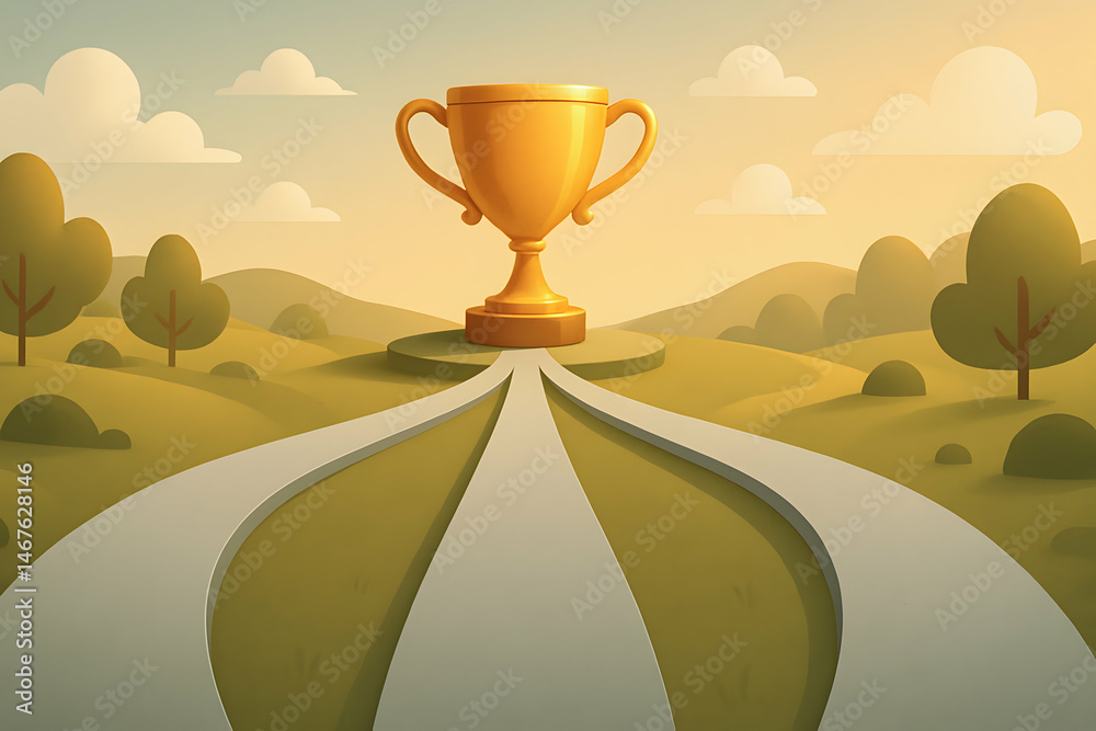 Illustration of a golden trophy surrounded by scenic paths in a tranquil landscape, symbolizing achievement and the journey to success in various life pursuits.