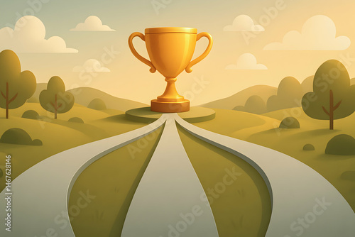 Obraz na płótnie Illustration of a golden trophy surrounded by scenic paths in a tranquil landscape, symbolizing achievement and the journey to success in various life pursuits. w salonie