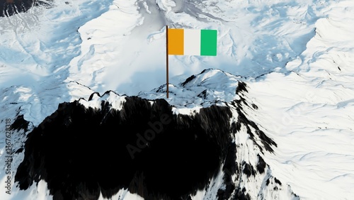 3D rendering of the Côte d'Ivoire national flag, featuring three equal vertical bands of orange, white, and green, gracefully waving atop a snow-covered mountain peak, symbolizing national unity and p