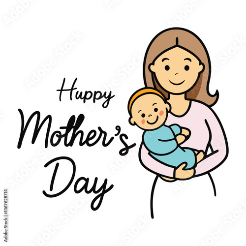 A loving mom gently cradles her baby, surrounded by sweet “Happy Mother’s Day” lettering—a heartwarming tribute to the bond between mother and child.

