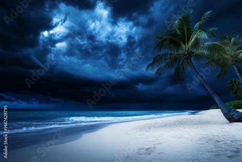 Dark Stormy Night Beach Scene Palm Trees - A dramatic symbolizing power, mystery, tranquility, resilience
