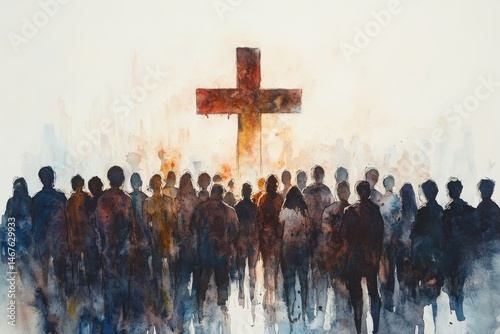 Faith's Gathering - A watercolor painting depicting a large group of people standing before a cross, symbolizing unity and faith