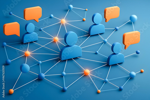 This image depicts a modern network of people communicating through speech bubbles, showcasing collaboration and connectivity in a digital workspace.