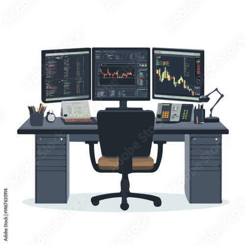 Stockbroker Desk Flat vector, minimalist design, isolated on a white background.