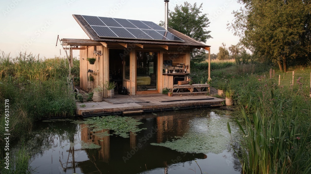 Fototapeta premium Eco-friendly floating cabin on tranquil waterway