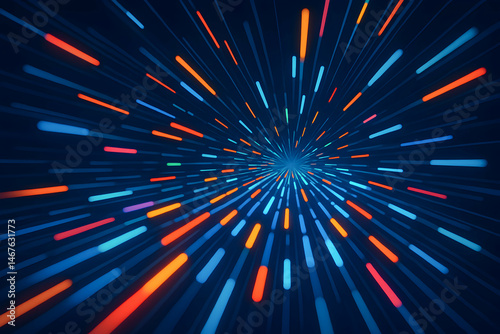 Vibrant digital background with dynamic light streaks in blue, orange, and pink. Perfect for illustrating concepts of speed, innovation, and modern technology.