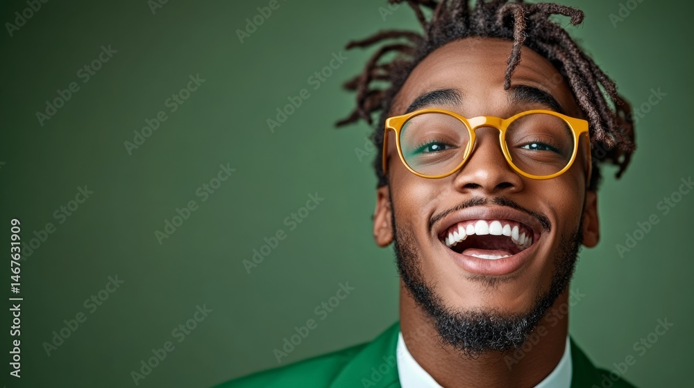 Obraz premium Man with a beard and glasses is smiling and wearing a green suit. Concept of confidence and positivity