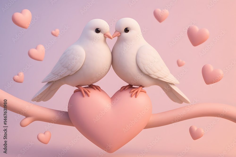 Two cute white doves gently touching beaks on a pink heart, surrounded by floating heart shapes. A romantic and whimsical scene, perfect for love-themed projects.