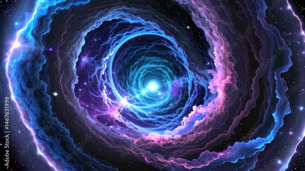 A mesmerizing vortex of cosmic colors, swirling purple and blue hues, with a bright center. The depths give an impression of space and vastness, evoking wonder and exploration.