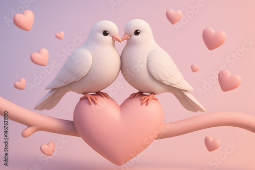 Two cute white doves gently touching beaks on a pink heart, surrounded by floating heart shapes. A romantic and whimsical scene, perfect for love-themed projects.
