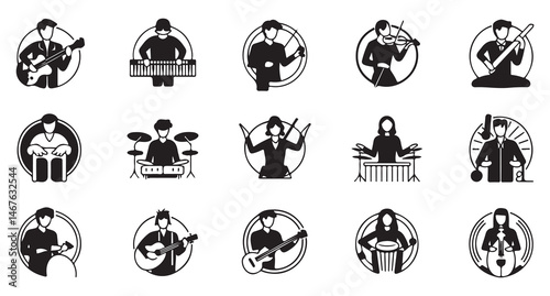  A collection of black silhouette music icons depicting various musicians playing different instruments such as guitar, drums, keyboard, trumpet, and saxophone.