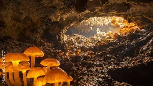 Glowing Mushrooms in a Mysterious Cave: A Breathtaking Underground World