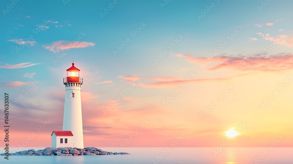 Serene Seascape Lighthouse at Sunset Calm Ocean Pink Sky Serene Seascape Lighthouse at Sunset Calm Ocean Pink Sky