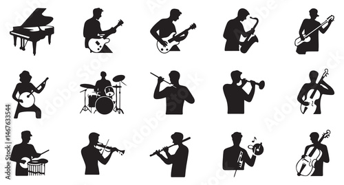  A collection of black silhouette music icons depicting various musicians playing different instruments such as guitar, drums, keyboard, trumpet, and saxophone.