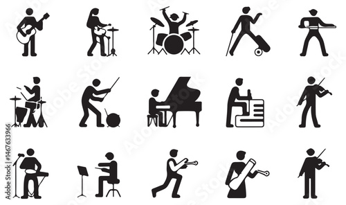  A collection of black silhouette music icons depicting various musicians playing different instruments such as guitar, drums, keyboard, trumpet, and saxophone.