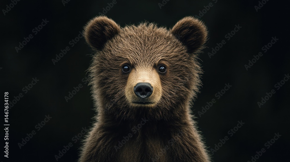 Obraz premium Young bear gazes curiously in a dark forest setting