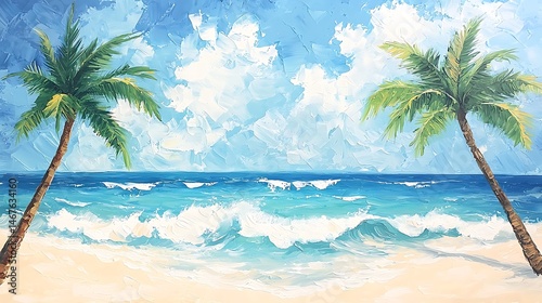Vibrant Tropical Beach Scene Palm Trees Ocean Waves and Sunny Sky