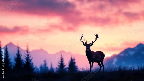 Majestic Red Deer Silhouette at Sunset - A majestic red deer stag stands silhouetted against a vibrant sunset, symbolizing wilderness, freedom, power, tranquility, and nature's beauty
