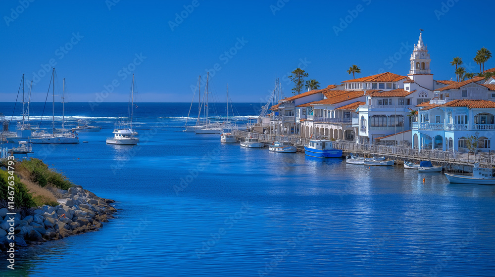 Fototapeta premium Coastal Beauty: A serene coastal landscape unfolds, featuring boats gently bobbing in a tranquil bay, with charming buildings and a clear blue sky.