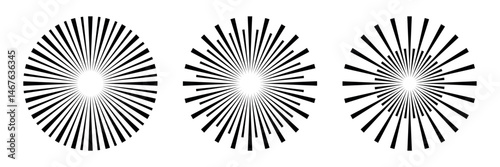 Radial speed lines in circle form for comic books. Fireworks explosion background. Vector illustration. Starburst round Logo. Circular design element. Abstract Geometric star rays.