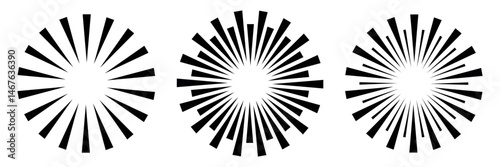 Sunburst vector icons set on white background. Set of sunburst,  collection in black color. Bursting, light, starburst rays, sunrise firework design elements. Vector Illustration.