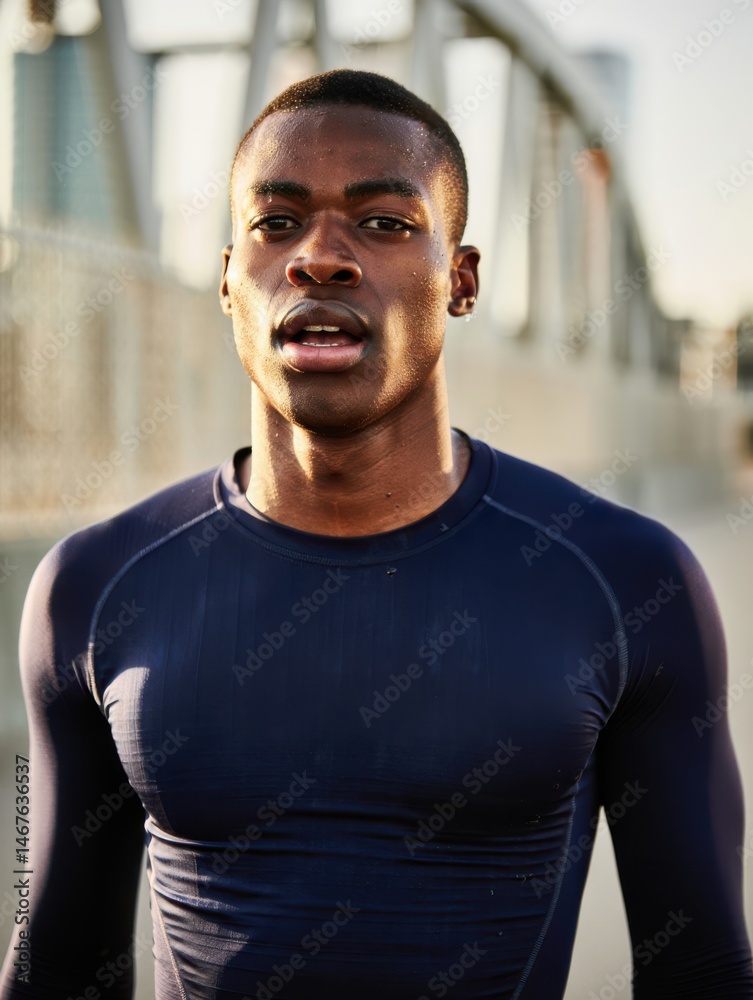 Fototapeta premium Young African American man resting after intense sprint training on urban environment.