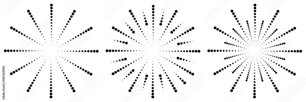 Obraz premium Radial sun burst. Black-white round sunburst icons. Starburst circles. Abstract stripes with center. Sunburst elements isolated on white background. Circular stars. Vector.