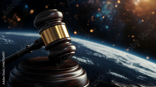 Dark Wooden Gavel over Earth in Space: Global Justice Concept