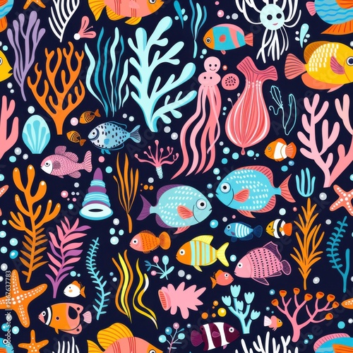 seamless cartoon marine life pattern with fish, starfish, jellyfish, seahorses, corals in vivid colors