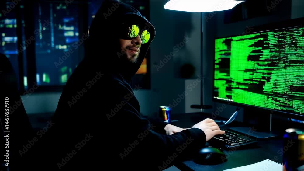 binary code technology, hacker working in front of a computer in a dark room