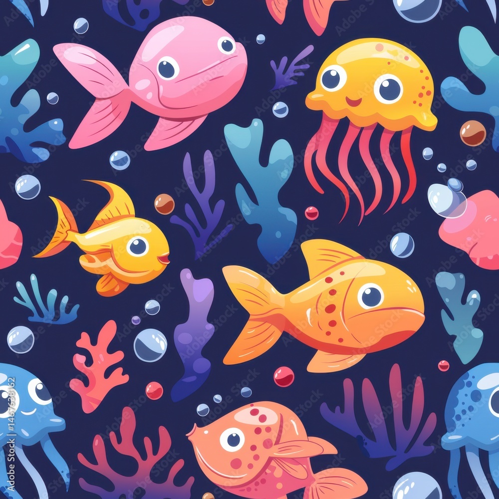 seamless cartoon marine life pattern with fish, starfish, jellyfish, seahorses, corals in vivid colors seamless cartoon marine life pattern with fish, starfish, jellyfish, seahorses, corals in vivid colors