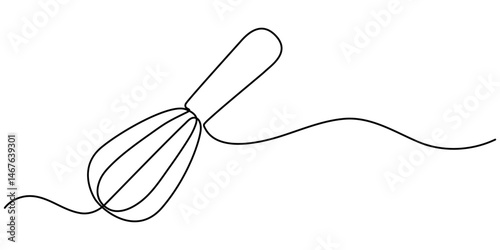 Continuous one line drawing whisk. Stock vector illustration, Whisk Kitchen Icon In Line Style, Recipe continuous line drawing with color shapes,  Single one line drawing Manual Mixer, Cooking.      