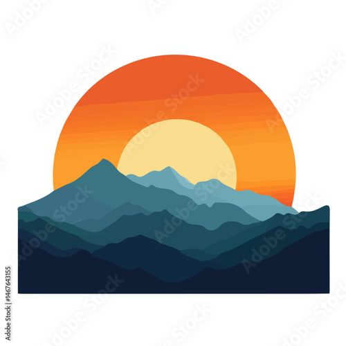 Flat vector Sunrise Over Mountains, minimalist design, isolated on a white background.