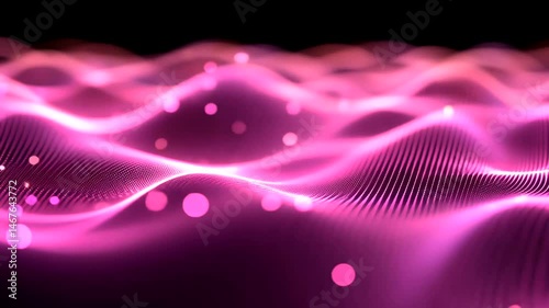 Abstract pink digital waves shimmer with light, dotted particles forming flowing lines over a dark canvas with bokeh