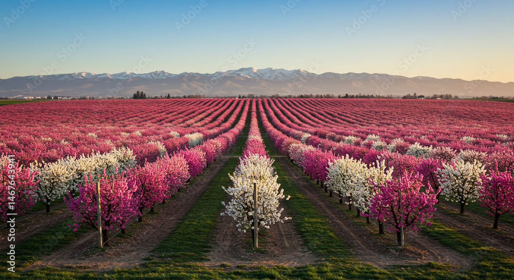 Fototapeta premium Field of pink and white blossoms stretching to the horizon. 