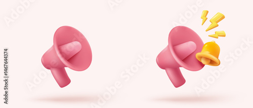 3d megaphone speaker or loudspeaker bullhorn for announce promotion in background, megaphone loud hailer with microphone, speakerphone. 3d icon vector render illustration for alert and announcement