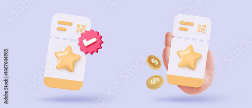 3D airline boarding pass ticket in holding hand, ready for tourism and travel plan a summer concept. Ticket for travel agency, booking service. 3d vector passenger airplane ticket render illustration