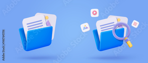 3d media file management icon. Searching image and video in organization database. paperwork sharing soft, document flow app, compound docs find concepts. 3d magnifying icon vector render illustration