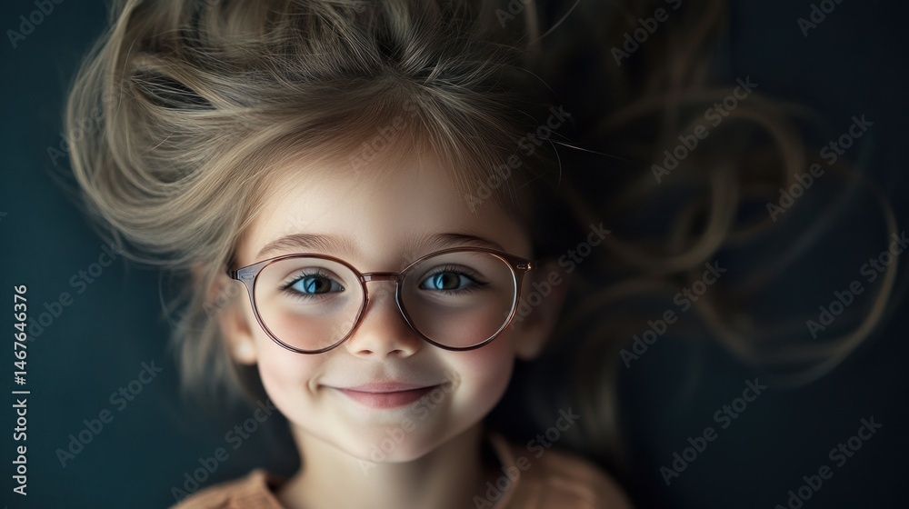 Obraz premium Young girl with glasses smiling on dark background, playful mood
