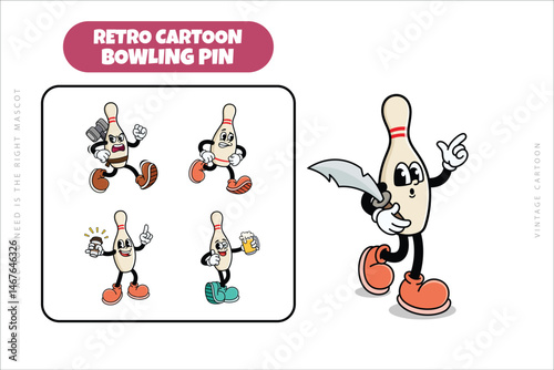 Set of Traditional Bowling Pin Cartoon Illustration with Varied Poses and Expressions