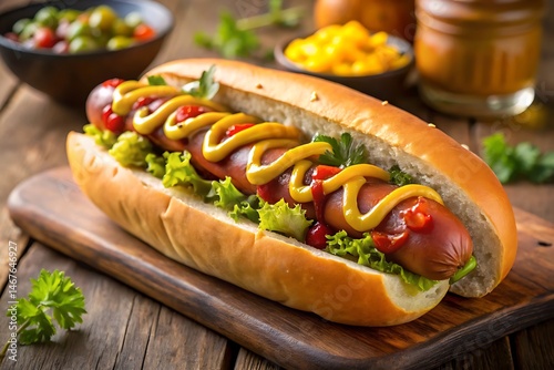 Delicious Hot Dog with Mustard and Ketchup photo