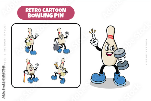 Set of Traditional Bowling Pin Cartoon Illustration with Varied Poses and Expressions