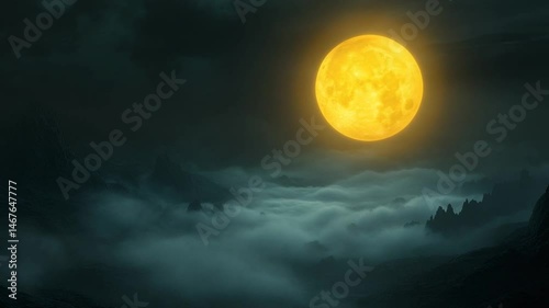 Enigmatic Night: A Giant Moon above Misty Mountains