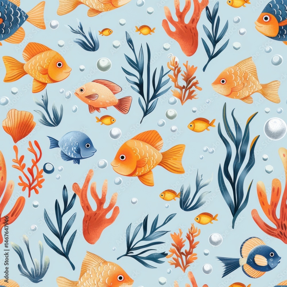 Naklejka premium seamless cartoon marine life pattern with fish, starfish, jellyfish, seahorses, corals in vivid colors