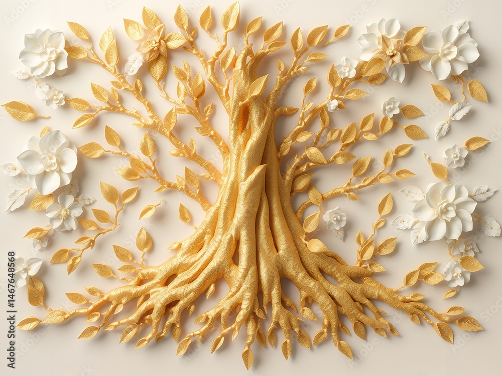 Obraz premium Golden Tree of Life Wall Art Elegant Gold and White Floral Design 3D Texture Background