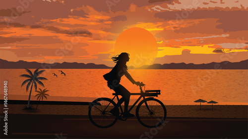 Vector silhouette of a woman riding a cycle on sunset