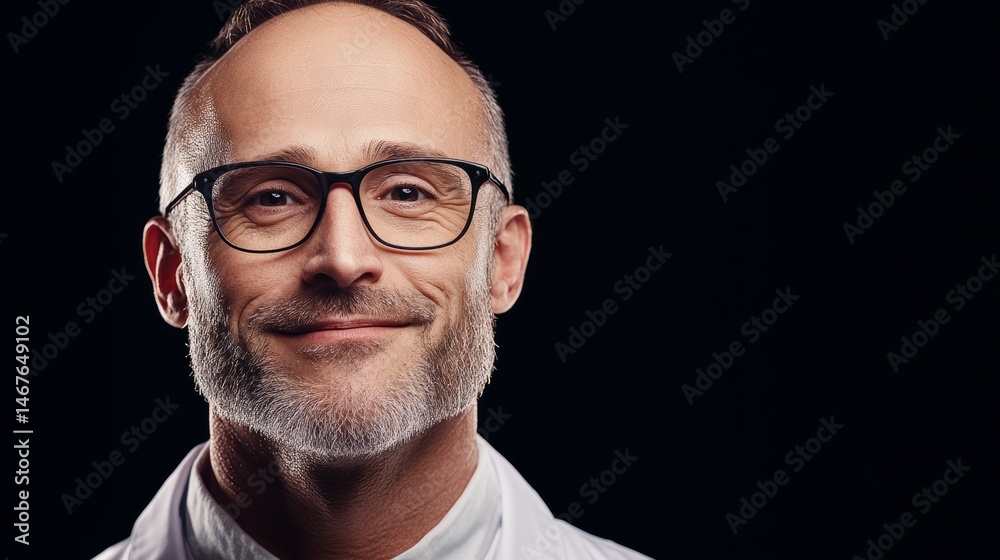 Man with glasses is smiling and looking at the camera. He is wearing a white lab coat