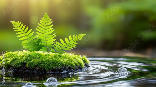 Lush Green Ferns Growing on Mossy Island Amidst Calm Water Surface
