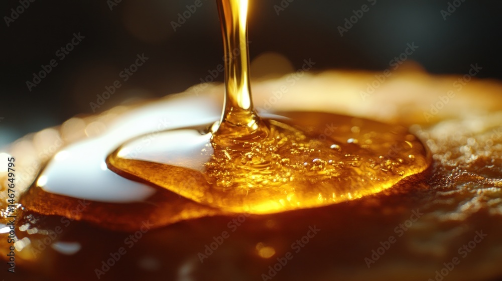 Fototapeta premium Golden syrup drizzling over pancakes with a warm background